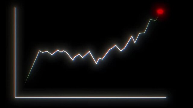 Neon glowing line graph animation rising upwards across black background representing financial growth market recovery success metrics development business progress statistical data visual flow.