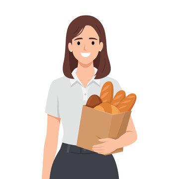 Smiling Woman Holding Paper Bag with Fresh Bread and Bakery. Flat vector illustration isolated on white background