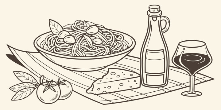 Illustration of spaghetti pasta with red wine and cheese wedge