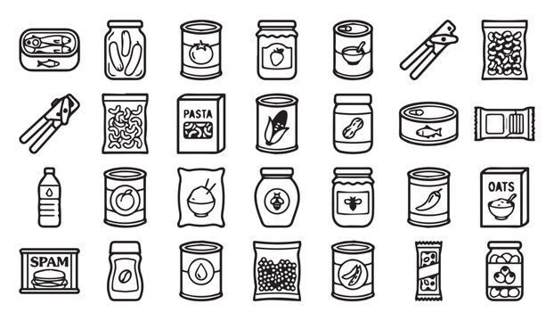 Canned food and packaged grocery products icons with packaging, container