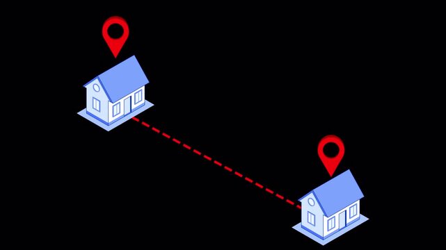 Animated Isometric Route Map Between Two Houses with Red GPS Pins and Dashed Navigation Path &ndash; Real Estate Navigation, Delivery Tracking, and Location Connection