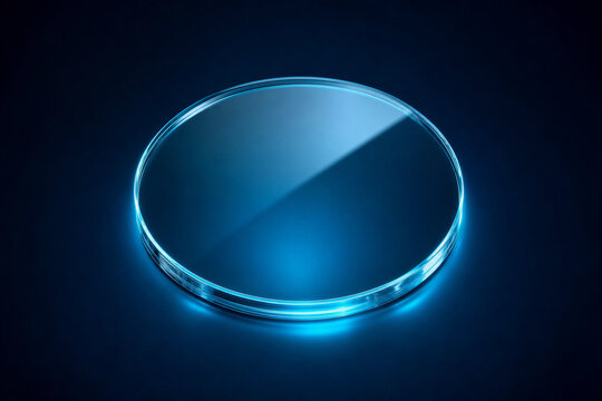Transparent Glass Disc with Cyan Neon Glow on Dark Blue Background