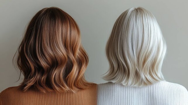 Dual portrait of contrasting brunette and platinum bob hairstyles