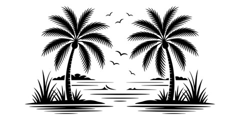 Obraz premium Black silhouette of two tropical palm trees on a small island with flying birds in a summer beach landscape graphic design element for summer Vector, illustration
