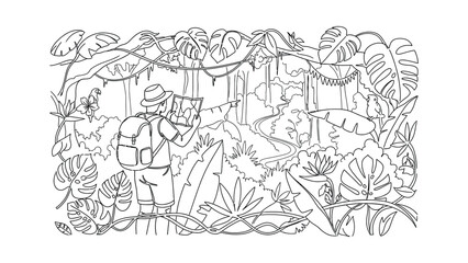 Obraz premium Line art illustration of a traveler exploring a dense jungle.