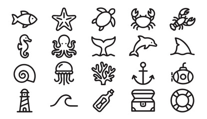 Marine life and nautical adventure thin line icons with nautical, wildlife © Vector Galaxy