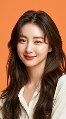 Fototapeta premium korean young woman portrait with natural smile, beauty studio headshot of asian woman with soft light, minimal aesthetic portrait of korean female model
