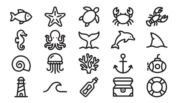 Marine life and nautical adventure thin line icons with nautical, wildlife