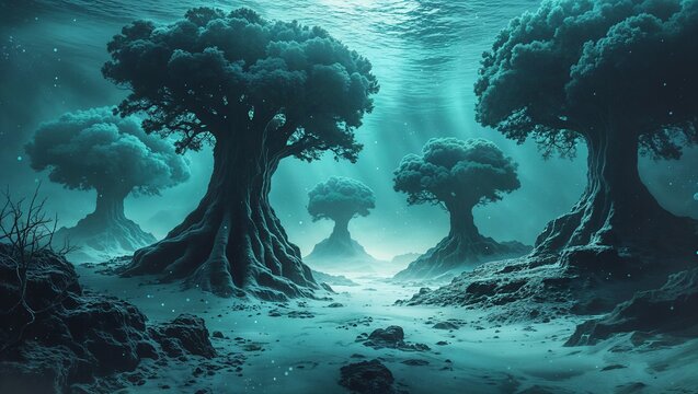 Magical Mushroom Jungle Watercolor Background with Mystical Moonlight Atmosphere.