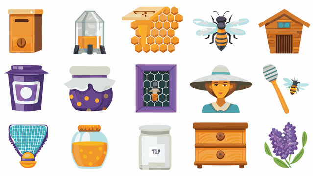Beekeeping and honey production vector icon set beehives a honey bee beekeeper honeycombs jars of honey dipper smoker lavender flowers with beekeeping honeycomb beekeeper lavender collection