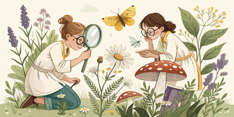 Children exploring nature studying plants and insects magnifying glass field trip insect watching plant identification curious kids science education children exploration learning butterfly