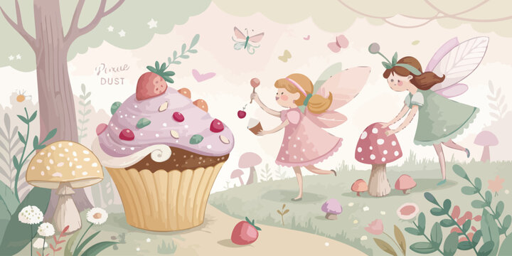 Fairies decorating a giant cupcake with strawberries and pixie dust in a whimsical forest fairy tale strawberry whimsical decoration children illustration mushrooms butterflies enchanting