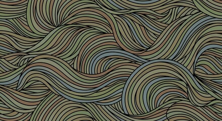 Obraz premium Seamless Abstract Organic Hand Drawn Wave Pattern Background with Muted Green Brown and Blue Earthy Tones