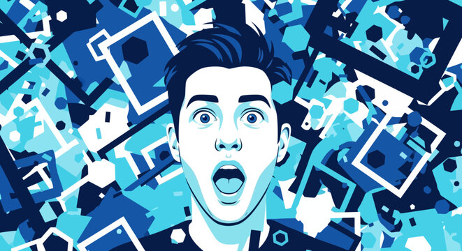 Surprised young man with wide eyes and open mouth expressing shock.