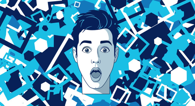 Surprised young man with wide eyes and open mouth expressing shock.