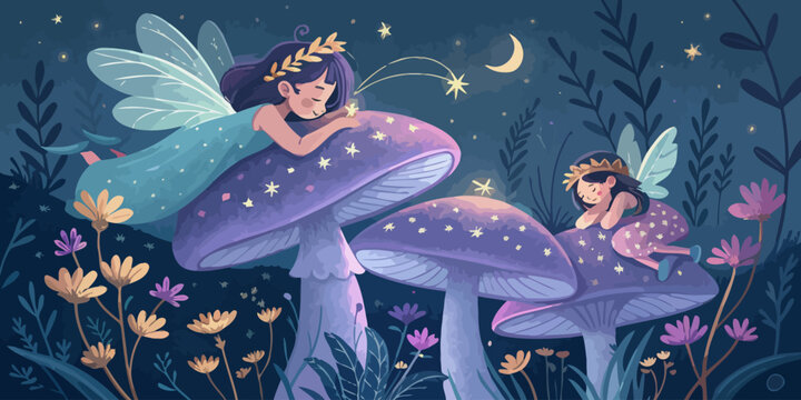 Two fairies resting on giant mushrooms at night under the moon with mushrooms peaceful whimsical enchanting mystical illustration children imagination folklore