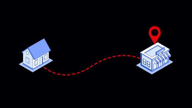 Animated Isometric Route Map &ndash; Two Location Points with Red GPS Pin and Dashed Delivery Path, Home to Store, Transparent Background