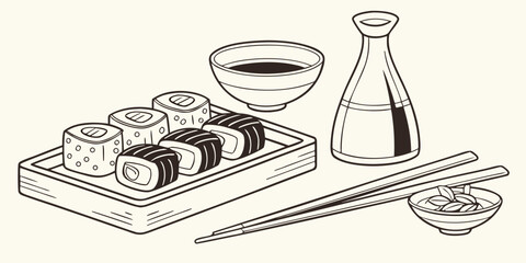 Detailed sushi set illustration with maki rolls on wooden tray and soy sauce bowl © Sadhin07