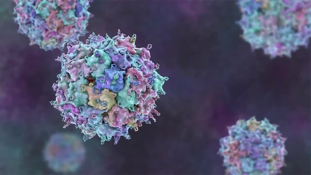 Adeno-associated virus particles slowly rotating and drifting in fluid, detailed capsid structure visualised, molecular virology concept, 3D animation.