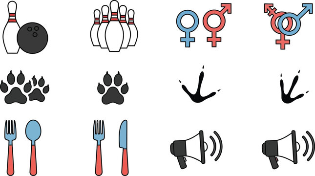 Flat outline icon set with bowling pins, gender equality symbols, animal paw prints, bird tracks, cutlery, and megaphone vectors.Flat outline icon set with bowling pins, gender equality symbols, anima