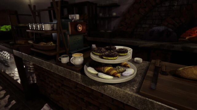 Donut and croissant tower counter, two tier composition on ceramic plate, warm ambient lighting, wicker shelf background, vintage bistro mood, menu photography