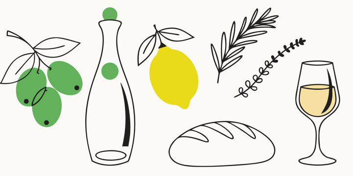 Mediterranean food elements set with olive branch, lemon, bottle of olive oil, rosemary, lavender, bread, and wine glass