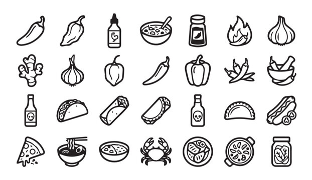 Set of spicy food and hot sauce icons with culinary ingredient habanero