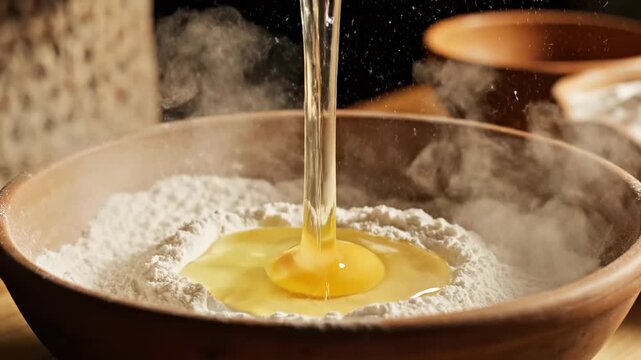 Rustic clay bowl brimming with white flour as a golden yolk and clear liquid cascade into the culinary creation, evoking warmth and home-baked goodness