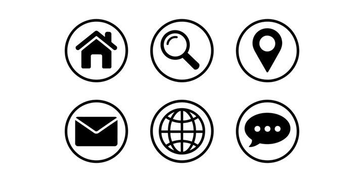 Set of six simple black web icons including home house search magnifying glass map location pin envelope email global world and chat bubble Vector, illustration