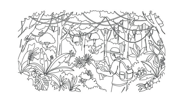 A line art illustration of a traveler exploring a dense tropical rainforest.