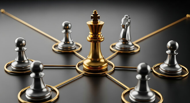Leadership concept with a golden king chess piece central to silver pawns leadership strategy management business teamwork influence connection corporate hierarchy decision planning