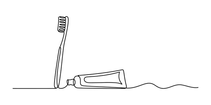 Continuous single line drawing of a toothbrush and a tube of toothpaste for daily dental hygiene care and teeth cleaning routine concept art Vector, illustration