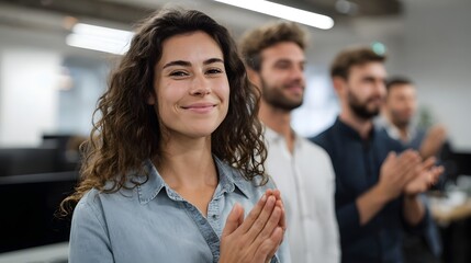 Fototapeta premium A group of professionals celebrates a successful achievement in a modern bright office workspace