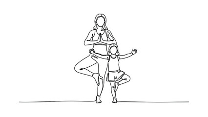 Fototapeta premium Continuous line drawing of mother and child practicing tree pose yoga.