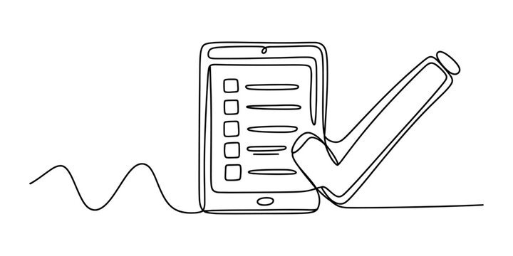 Continuous single line drawing of a smartphone tablet with a checklist and a big check mark symbol representing task completion and success Vector, illustration