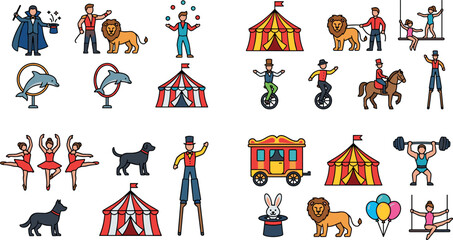 Set of Circus and Performance Vector Illustrations Featuring Magicians, Acrobats, Animal Trainers, Lions, Dolphins, Tents, Unicycles, Strongmen, and Fun Carnival Activities © KP Studio