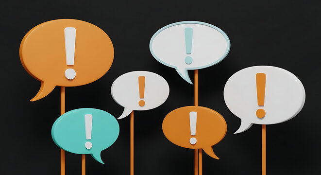 Set of colorful 3D speech bubble icons with exclamation marks exclamation communication attention notification dialogue feedback colorful business important