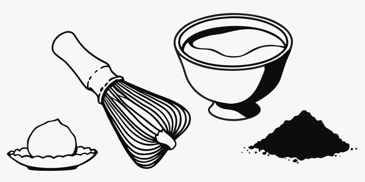 Matcha tea preparation set with whisk, bowl, and powdered green tea for traditional ceremony