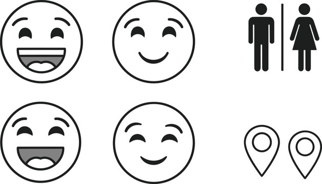 Smiley face, restroom, and location pin icons collection in modern outline vector illustration design styleSmiley face, restroom, and location pin icons collection in modern outline vector illustratio