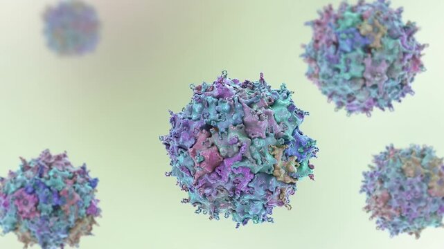 Adeno-associated virus particles slowly rotating and drifting in fluid, detailed capsid structure visualised, molecular virology concept, 3D animation.