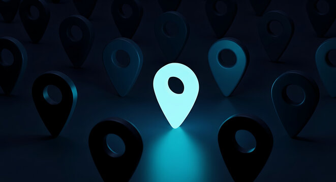Glowing neon map location marker pin surrounded by dark pins with location navigation position destination technology tracking connectivity direction business abstract
