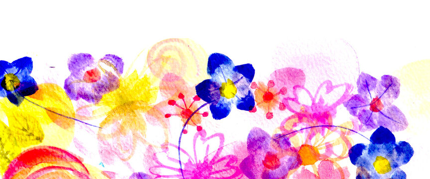 sfondo con fiori misti ad acquerello multicolore, illustrazione isolata su sfondo bianco. 
Ideale per banner, etichetta, sfondo, cartolina