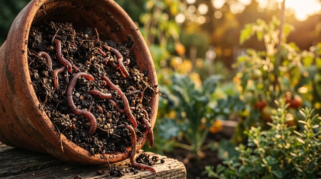 Terracotta compost pot overflowing with rich dark decomposed soil and red earthworms