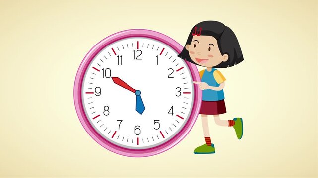Child cartoon character running with oversized pink clock against beige background