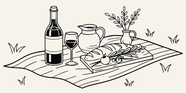 Continuous line art illustration of wine bottle and glasses with fresh baguette