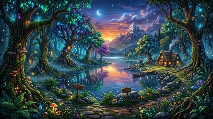 Obraz premium Enchanting fantasy forest scene with a cozy cabin by a moonlit lake