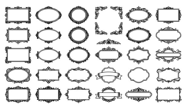Ornate Vintage Border and Decorative Frame Icon Set Featuring Baroque Flourishes, Victorian Scrolls, and Antique Filigree Elements for Elegant Invitations, Certificate Borders, and Wedding Stationary 