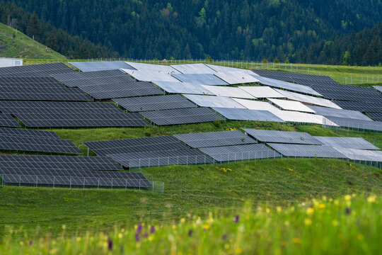 Renewable Energy Solar Panels in Romania Mountain Landscape. 
