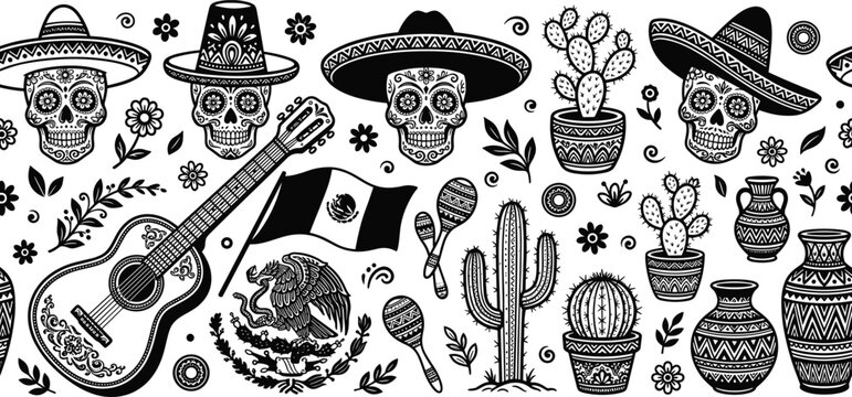 Mexican Culture Decorative Vector Illustration with Sugar Skulls Guitar Cactus Flag and Traditional Fiesta Elements Collection