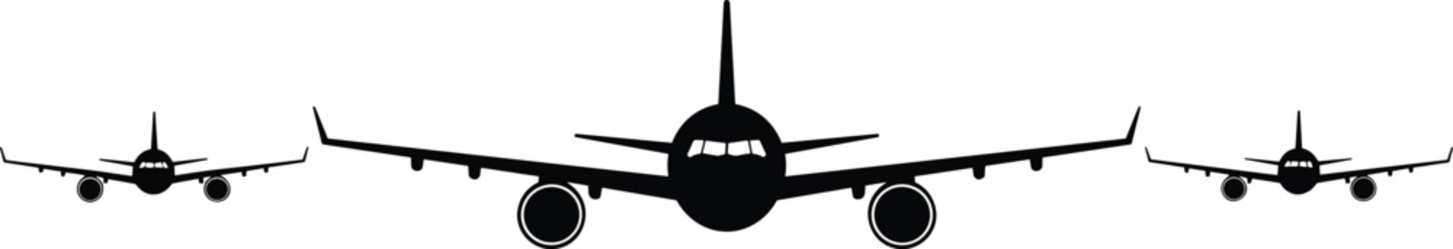 Airplanes flying in sky silhouette set with three passenger commercial aircraft jet planes front view flat vector illustration